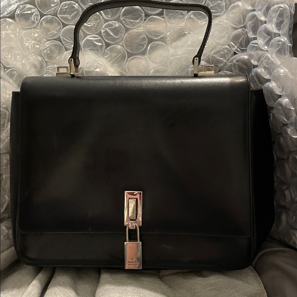 Gucci Authentic Black Leather Bag with Silver Hardware